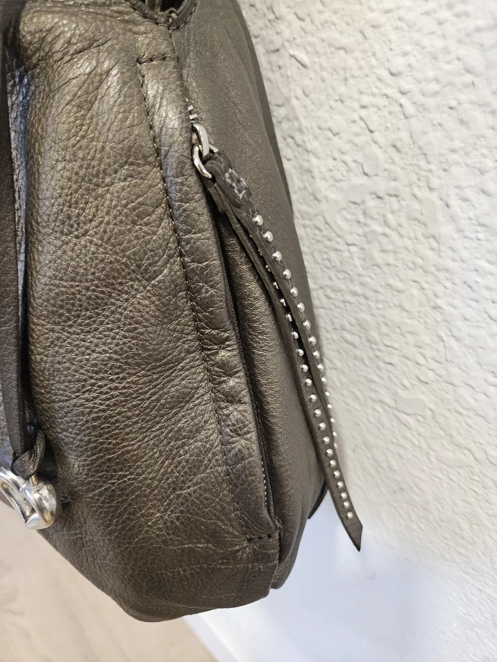 Brighton Greta Garbo Femme Fatale Pewter Studded Leather Slouchy Hobo Bag E84883